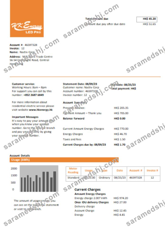 Hong Kong Energy Ltd utility business bill, SCR
